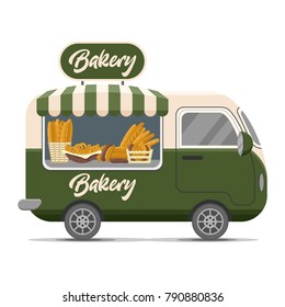 Bakery street food caravan trailer with fresh bread, loaf, baguette, pretzel, croissant. Colorful vector illustration, cute style, isolated on white background