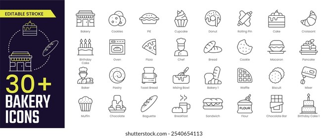 Bakery Stroke icon collections. Containing Bakery, Cookies, Birthday Cake, Oven, Chef, Bread, Baker, Chocolate Bar, and Cupcake icons. Editable Stroke icon collection Outline icon