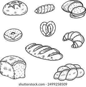 Panadería en el estilo de dibujo de líneas. Conjunto de pasteles, pan, pan, croissant, donut, salchicha en masa, bollo. Diseño minimalista de líneas negras aisladas sobre fondo blanco. Ilustración vectorial colle