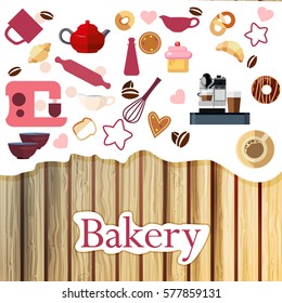Bakery and sweet abstract illustration on wood.