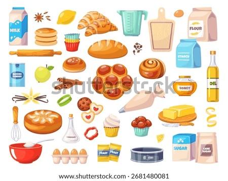 Bakery sweet elements. Cartoon pastry ingredients, kitchen utensils, dough products, dessert cooking accessories, spices and food, handmade bread and cake, classy vector isolated confectionery set