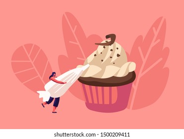 Bakery and Sweet Food Concept. Tiny Woman Decorate Huge Chocolate Cupcake with Cream in Pastry Bag. Muffin Treat Confectionery Dessert for Party or Fest Celebration. Cartoon Flat Vector Illustration