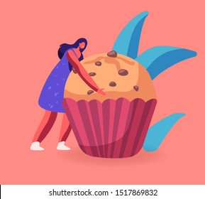 Bakery and Sweet Food Concept. Tiny Woman Holding Huge Cupcake with Chocolate Sprinkles. Pastry Muffin Treat Confectionery Dessert for Tea Party or Fest Celebration. Cartoon Flat Vector Illustration