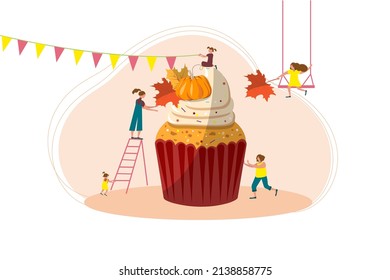 Bakery and Sweet Food Concept. Women decorate muffins, cupcakes. Autumn holiday decor. Culinary background, postcard for cafe, menu