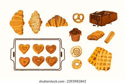 Ilustración del vector de la comida dulce de panadería. Gbagel pastelero, croissant, muffin, cinnabon, brownie, waffle, pretzel de textura moderna. Conjunto de pan aislado en fondo blanco.