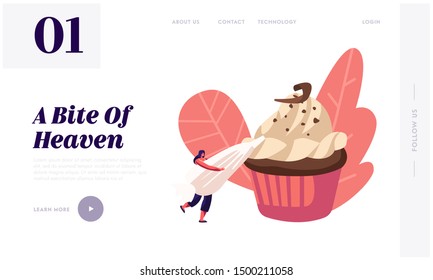 Bakery and Sweet Food Website Landing Page. Tiny Woman Decorate Huge Chocolate Cupcake with Cream in Pastry Bag. Muffin Treat Confectionery Dessert Web Page Banner. Cartoon Flat Vector Illustration