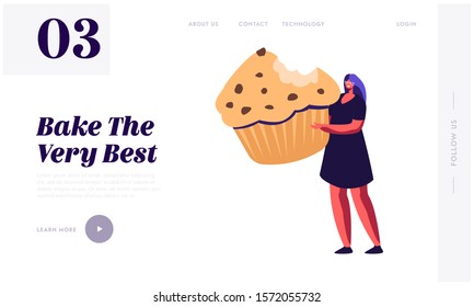 Bakery and Sweet Food Website Landing Page. Tiny Woman Holding Huge Cupcake with Chocolate Sprinkles. Tasty Pastry Muffin Treat Confectionery Dessert Web Page Banner. Cartoon Flat Vector Illustration