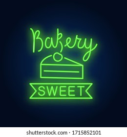 Bakery sweet neon sign. Slice of cake with cherry. Night bright advertisement. Vector illustration in neon style for candy bar and celebration event