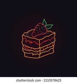 Bakery sweet neon sign. Slice of cake with strawberries. Night bright advertisement. Vector illustration in neon style for candy bar and celebration event