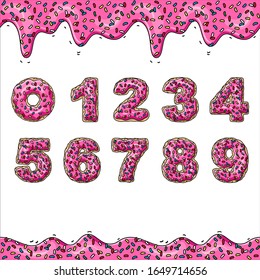 Bakery sweet numbers with pink glaze donut. Vector poster