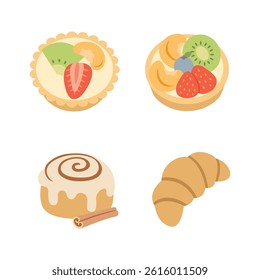 Bakery and sweet pastry croissant cinnamon rolls and fruit pie