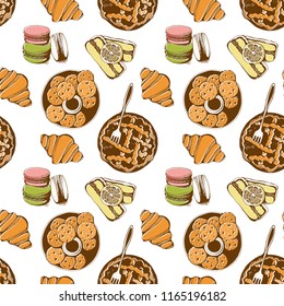 Bakery, sweet pastry vector seamless pattern, hand drawn vector background