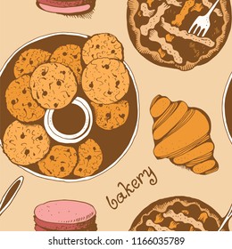Bakery, sweet pastry vector seamless pattern, hand drawn vector background with text
