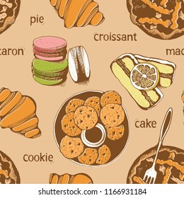 Bakery, sweet pastry vector seamless pattern, hand drawn vector background with text