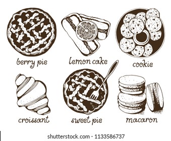 Bakery, sweet pastry vector set, hand drawn vector illustration: cookies, macarons, pies, cake, croissant with text isolated on white background