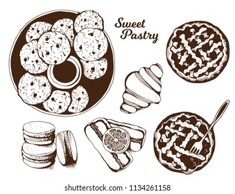 Bakery, sweet pastry vector set, hand drawn vector illustration: cookies, macarons, pies, cake, croissant isolated on white background