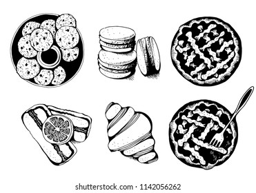 Bakery, sweet pastry vector set, hand drawn vector illustration: cookies, macarons, pies, cake, croissant
