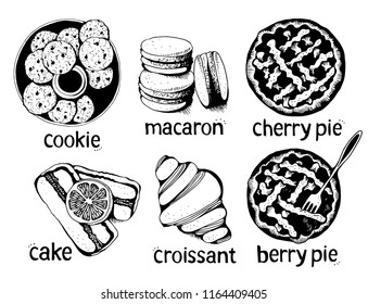 Bakery, sweet pastry vector set, hand drawn vector illustration: cookies, macarons, pies, cake, croissant with text isolated on white background