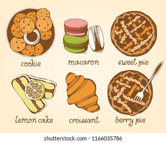 Bakery, sweet pastry vector set, hand drawn vector illustration: cookies, macarons, pies, cake, croissant