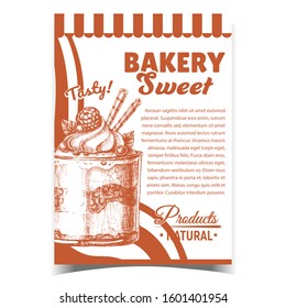 Bakery Sweet Tasty Natural Products Poster Vector. Glass Tasty Creamy Sweet Dessert With Wafer Rolls, Blackberry And Blueberry, Raspberry And Mint Leaves On Cream. Template Monochrome Illustration