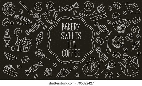 Bakery sweets desserts tea coffee doodle icons set on black background