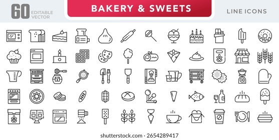 Padaria e doces conjunto de ícone linear. Sobremesa, comida e bebida, Chocolate, restaurante, pastelaria, muffin, comida, fast food, aniversário feliz, cheesecake e cookies conjunto de ícones vetoriais. Pacote de ícones de linha fina da interface do usuário