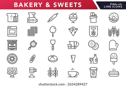 Bakery and sweets linear icon set. Dessert, food and drink, Chocolate, restaurant, pastry, muffin, food, fast food, happy birthday, cheesecake and cookies vector icon set. UI thin line icon pack
