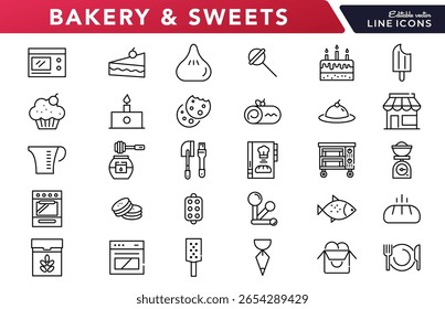 Bakery and sweets linear icon set. Dessert, food and drink, Chocolate, restaurant, pastry, muffin, food, fast food, happy birthday, cheesecake and cookies vector icon set. UI thin line icon pack