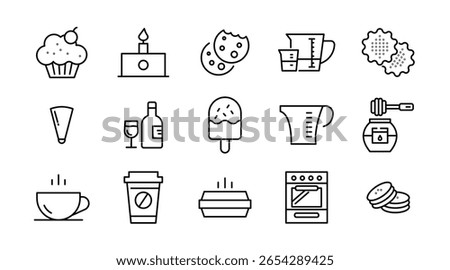 Bakery and sweets linear icon set. Dessert, food and drink, Chocolate, restaurant, pastry, muffin, food, fast food, happy birthday, cheesecake and cookies vector icon set. UI thin line icon pack