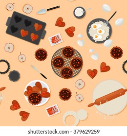 Bakery Sweets Seamless Pattern with Ingredients and Kitchen Tools. Vector illustration in flat style