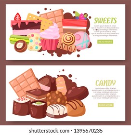 Bakery and sweets set of banners web design vector illustration. Candy shop with pieces of fruit cake with galaze and berries, ice-cream, chocolate candies, cookies, biscuits, macaroons.