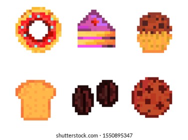 Bakery, sweets, set of six icons, pixel art illustration, donut, cake, pie, chocolate, cookies, coffee, coffee beans, toast, bread, food, white isolated background
