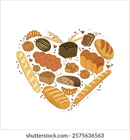 Bakery symbol in shape of heart. Bakery shop vector sign of wheat and rye bread loaf, bagel, croissant, pretzel, sweet bun, flour sack. Hand drawn style vector illustration.