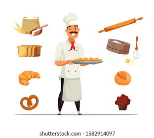 Bakery symbols flat vector illustrations set. Happy baker with baguette cartoon character. Fresh bread, croissant, pretzel and muffin. Baking ingredients and equipment. Rolling pin and flour sieve