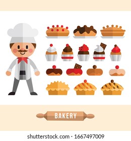 Bakery symbols flat vector illustrations set.