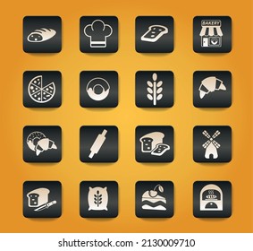 bakery symbols on black buttons on yellow background