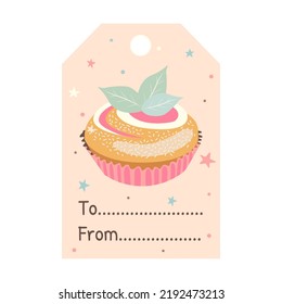 Bakery tag. Loaves of bread, buns, cupcake, muffin, sandwich vector illustrations with text. Food, holiday and dessert concept for labels, flyers and postcards design