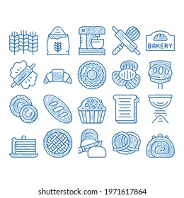 Bakery Tasty Food sketch icon vector. Hand drawn blue doodle line art Bakery Cake And Bread, Pie And Donut, Cookie And Croissant, Wheat And Flour Illustrations