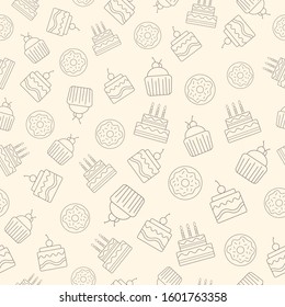 Bakery tasty seamless pattern. Pie with cream, cupcake with cherry, donuts on light yellow background. Suitable for packaging, wallpaper, menu design.