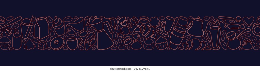 Bakery, tea and coffee. French press, hot cup of cocoa, milk pitcher, beans, kettle for breakfast, lunch, dessert, chocolate sweets. Seamless graphic pattern for cover design, food package, cafe wall