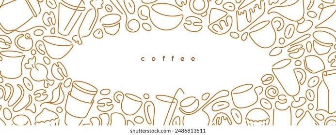 Bakery, tea and coffee line design. French press, hot cup of cocoa, milk pitcher, beans, kettle for breakfast, lunch, dessert, chocolate sweets. Graphic template for cover, food package