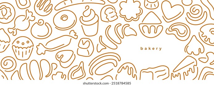 Bakery template. Bread products, croissant, french baguette, cinnamon bun. Line vector minimal sign for cafe, design menu. Breakfast, lunch, dessert, chocolate sweets. Editable stroke