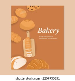 Bakery template design with bread, pastry, cookie, and text on brown background, hand-drawn style.