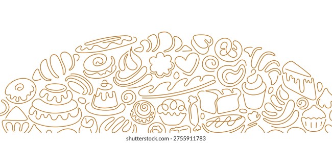 Bakery template. Line vector minimal stroke for design cafe, menu. Bread products, croissant, french baguette, cake, cinnamon bun. Breakfast, lunch, dessert, chocolate sweets. Editable stroke