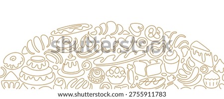 Bakery template. Line vector minimal stroke for design cafe, menu. Bread products, croissant, french baguette, cake, cinnamon bun. Breakfast, lunch, dessert, chocolate sweets. Editable stroke