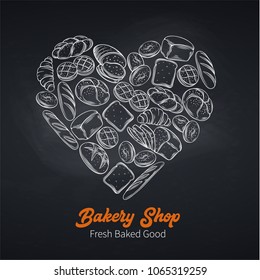 Bakery template in shape of heart, chalkboard style . Hand drawn sketch rye and wheat bread, croissant. Whole grain bread, bagel, toast, french baguette for design menu bakery shop.