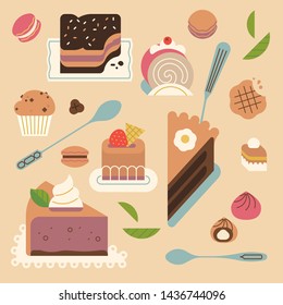 Bakery themed flat vector illustration with various sweets, cakes and desserts. Tea party, afternoon tea or cafe themed concept background