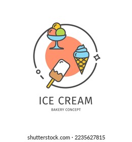 Bakery Thin Line Icon Concept Ice Cream Include of Cone Waffle, Balls and Popsicle. Vector illustration