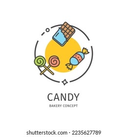 Bakery Thin Line Icon Cute Candy Concept Include of Lollipop, Caramel and Chocolate. Vector illustration of Snack