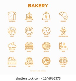 Bakery thin line icons set: toast bread, pancakes, flour, croissant, donut, pretzel, cookies, gingerbread man, cupcake, burger, apple pie, pizza, waffle. Modern vector illustration.